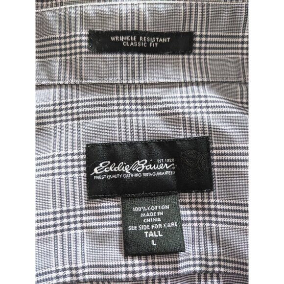 Eddie Bauer Men's Shirt Gray Tall Wrinkle Resistant Button Down Plaid Cotton L - Picture 7 of 10